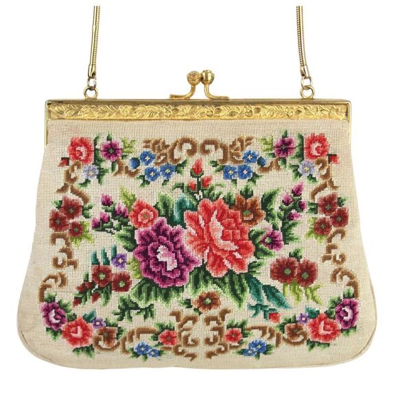 VTG Handmade MULTICOLOR FLORAL PETIT NEEDLEPOINT FRAME KISS LOCK SMALL PURSE - Picture 2 of 14